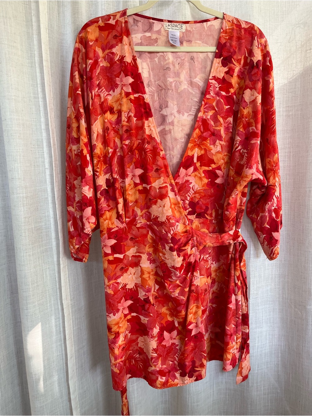 l*space Orange Pink Floral Wrap Mini Dress